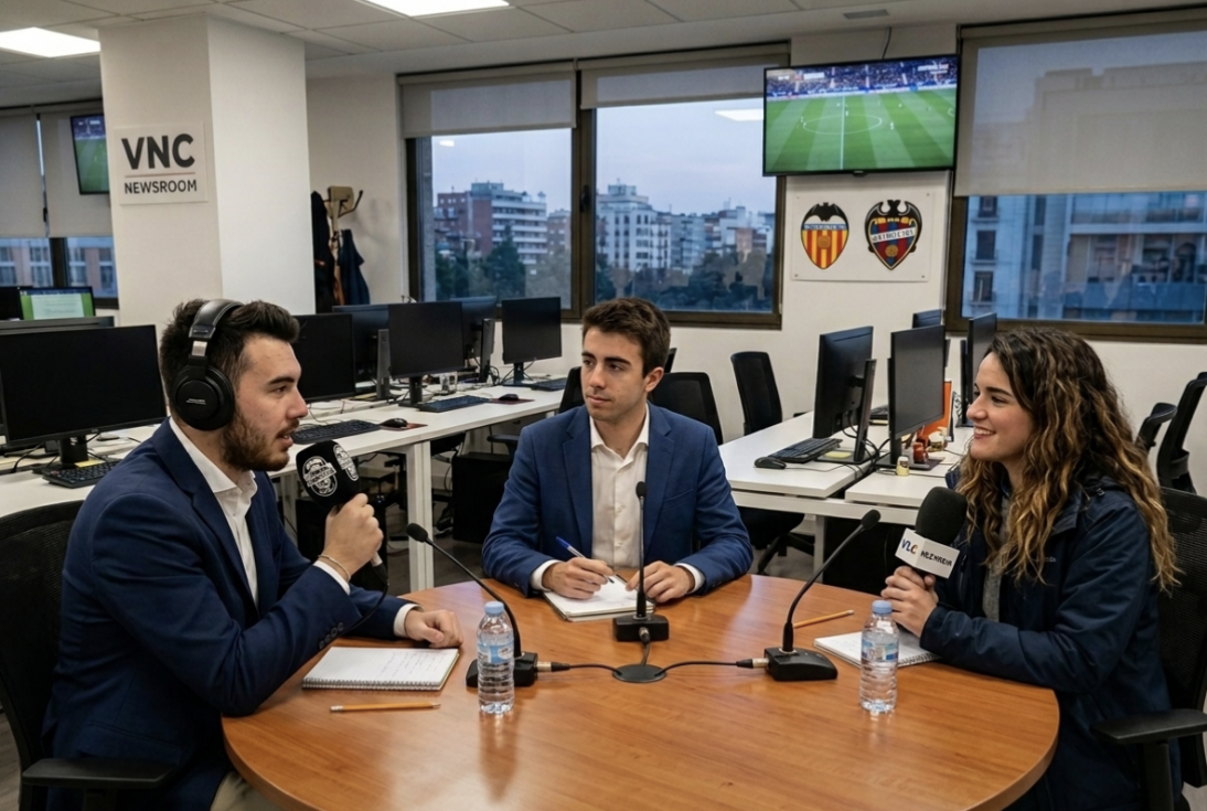 *Imagen generada con IA. &Aacute;lex Alfaro, Marc Escribano y Cristina Bea, periodistas protagonistas del reportaje, desempe&ntilde;ando sus labores profesionales.